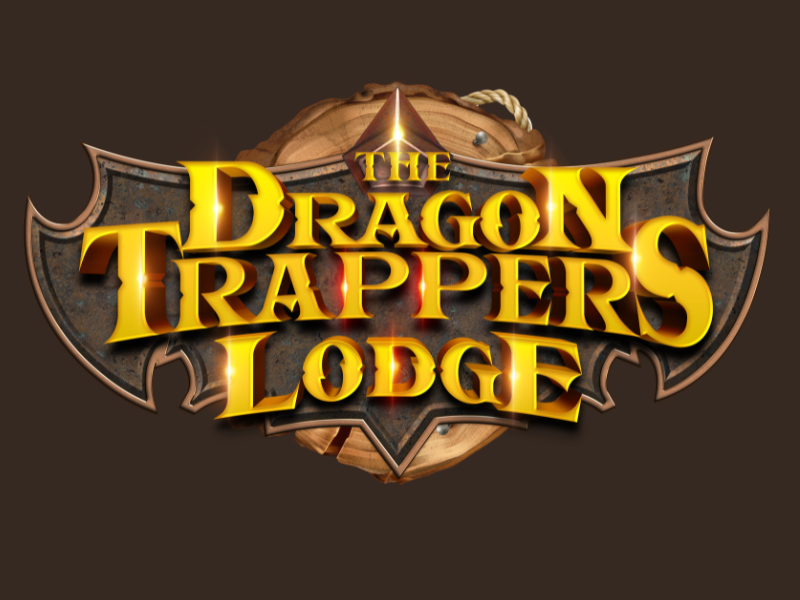 Logo reading "The Dragon Trappers Lodge" in medieval-style golden text with a wooden shield and rope in the background. The letters are bold and vividly colored, evoking a fantasy theme. The dark brown background enhances the logo's striking appearance.