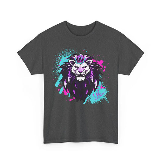 This dark T-shirt, named The Lyon T-shirt, features a classic fit and displays a stylized graphic of a lion's head with a vibrant mane in shades of purple, teal, and pink. It is set against a splash of matching colors and crafted from 100% sustainable cotton for both comfort and style.