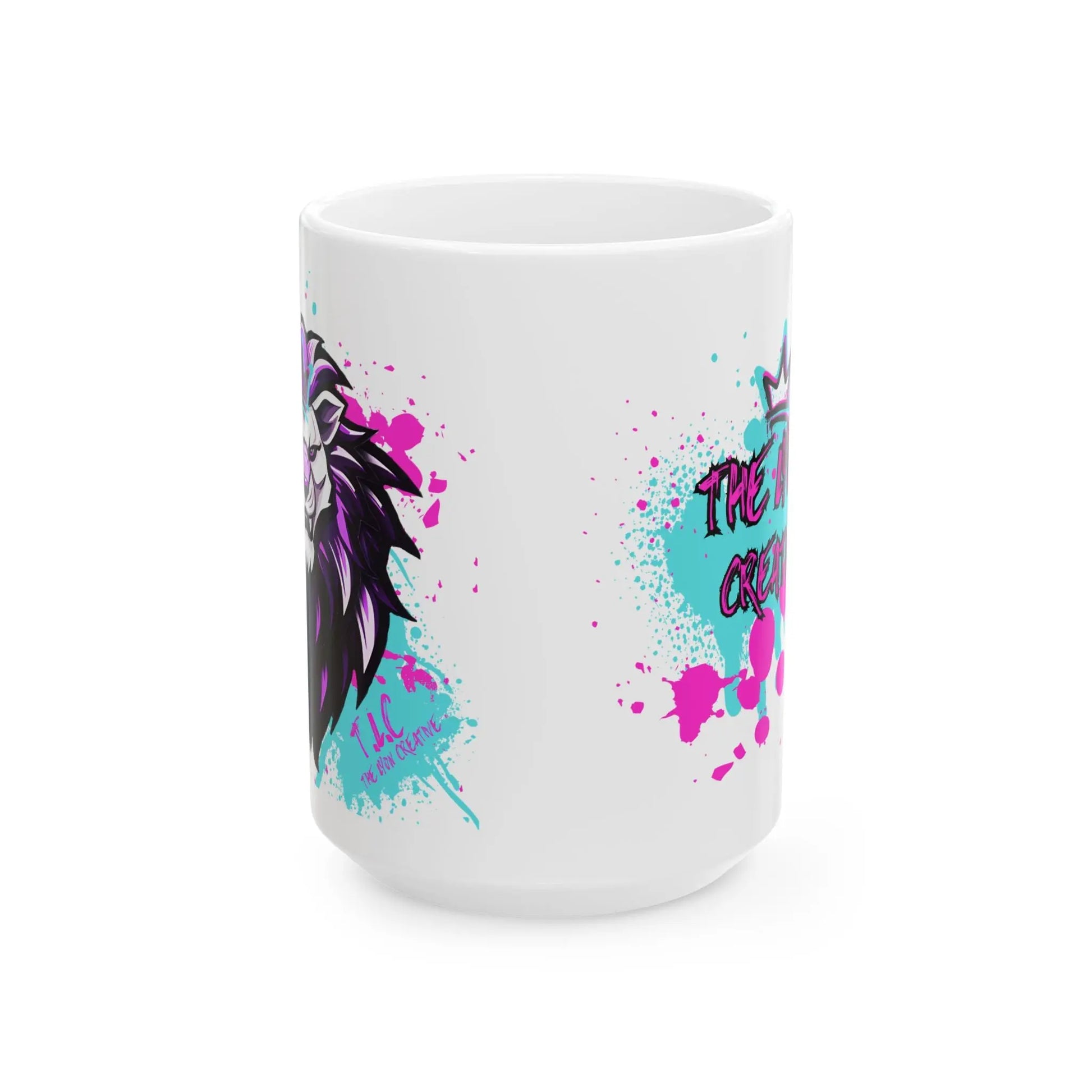 Introducing The Lyon Mug, available in 11oz and 15oz sizes, which boasts a robust ceramic structure and features a vibrant abstract lion design on one side. This design is presented in hues of purple, blue, and pink with a captivating graffiti-style splash effect. The opposite side showcases stylized black and pink text. It's the ideal mug for expressing artistic flair while offering dependable durability.
