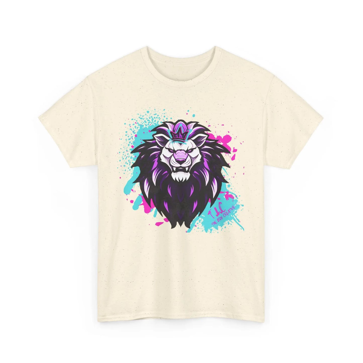 The Lyon T-shirt is a beige, 100% cotton tee with a classic fit that showcases a colorful graphic of a lion's head in black, purple, and blue shades, enhanced by artistic splatters in blue and pink. This design effortlessly blends modern, vibrant style with sustainable fashion.