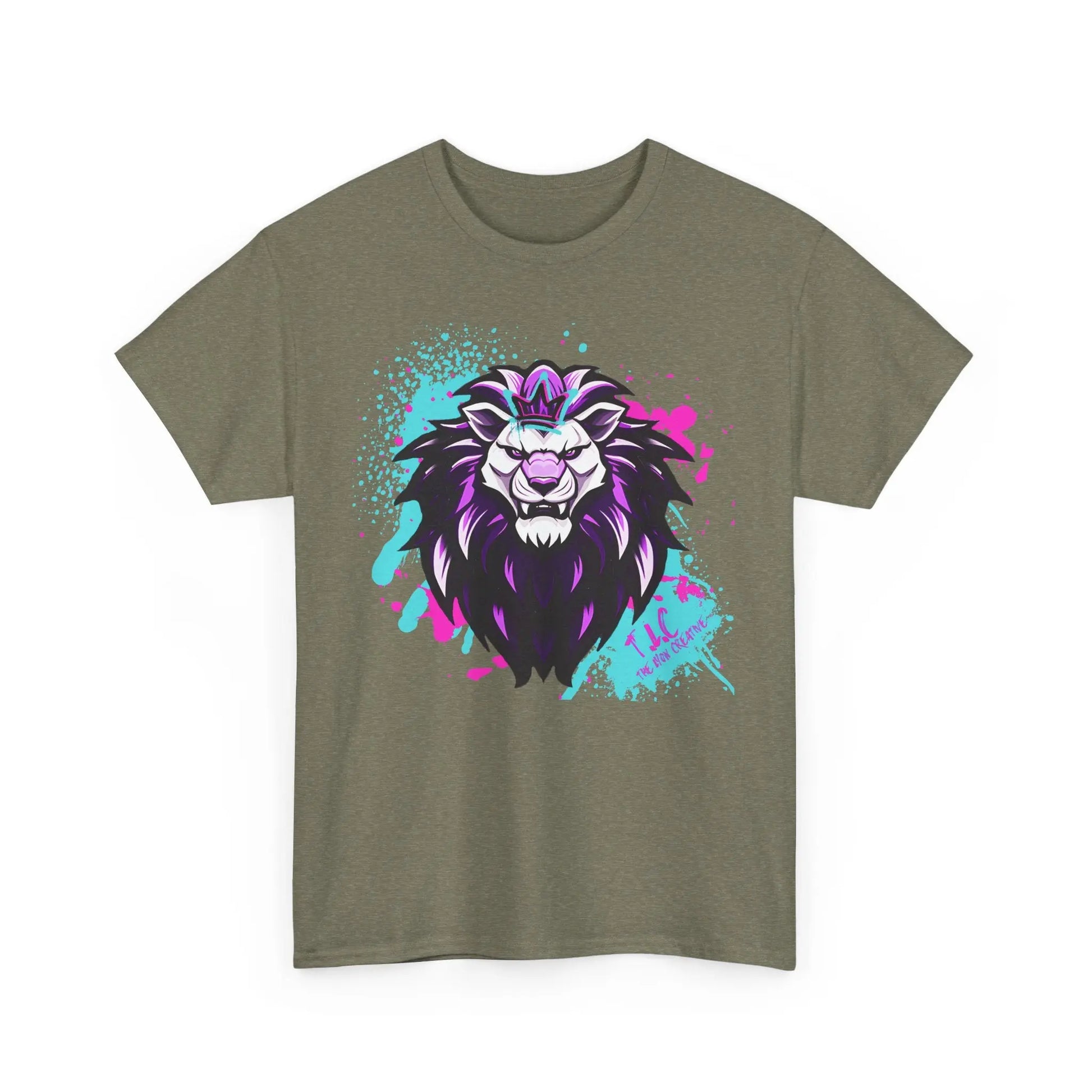 Introducing "The Lyon T-shirt": This classic fit khaki T-shirt is crafted from 100% cotton through sustainable production methods. It showcases a stylized lion design with a black mane and purple and white facial features, surrounded by blue and pink splashes for a vibrant and dynamic appearance.