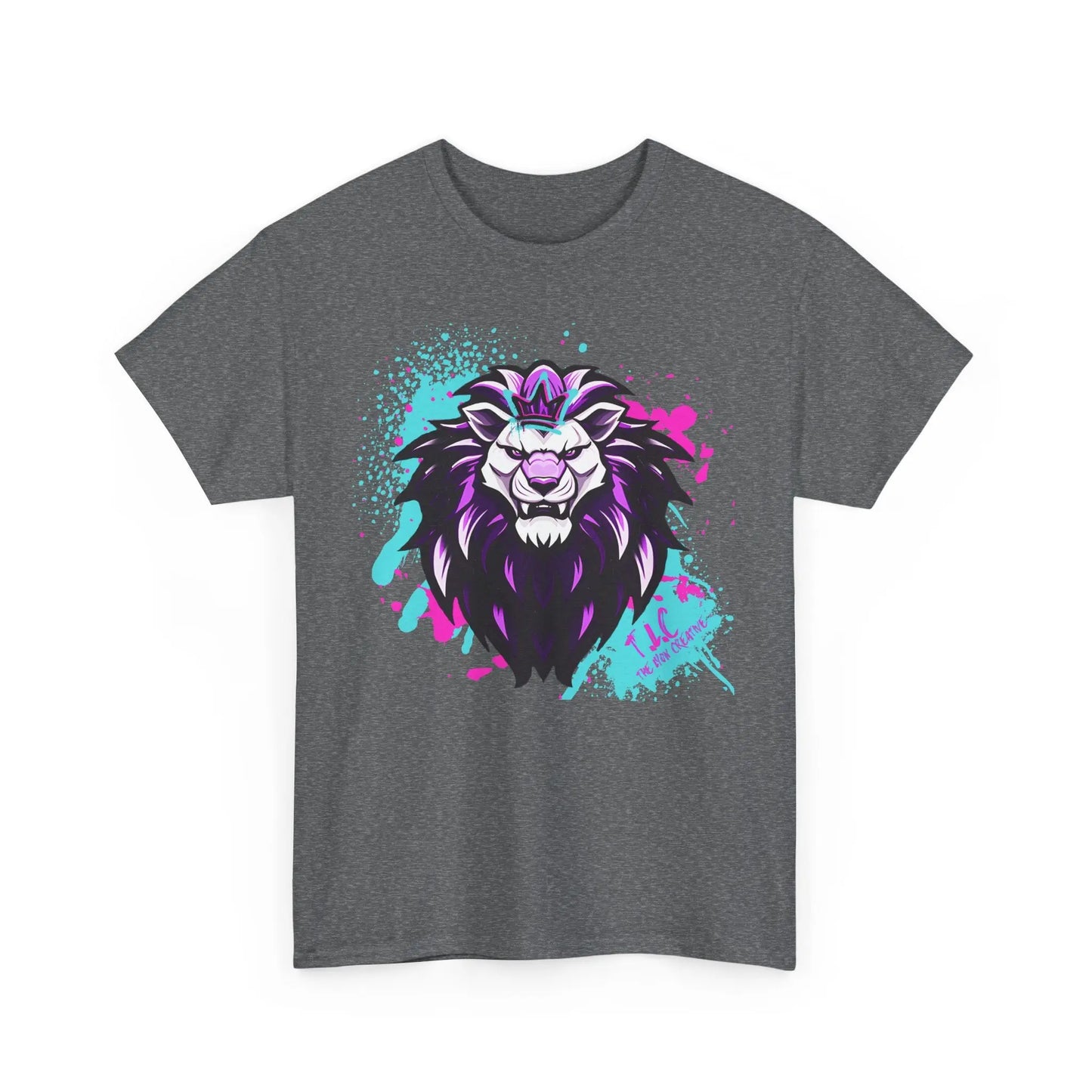 Introducing The Lyon T-shirt: Crafted from 100% cotton, this gray tee features a striking graphic of a lion's head with a stylized purple and black mane. Dynamic splashes of blue and pink in the background enhance its bold design, all created with sustainable production to ensure ethical quality.