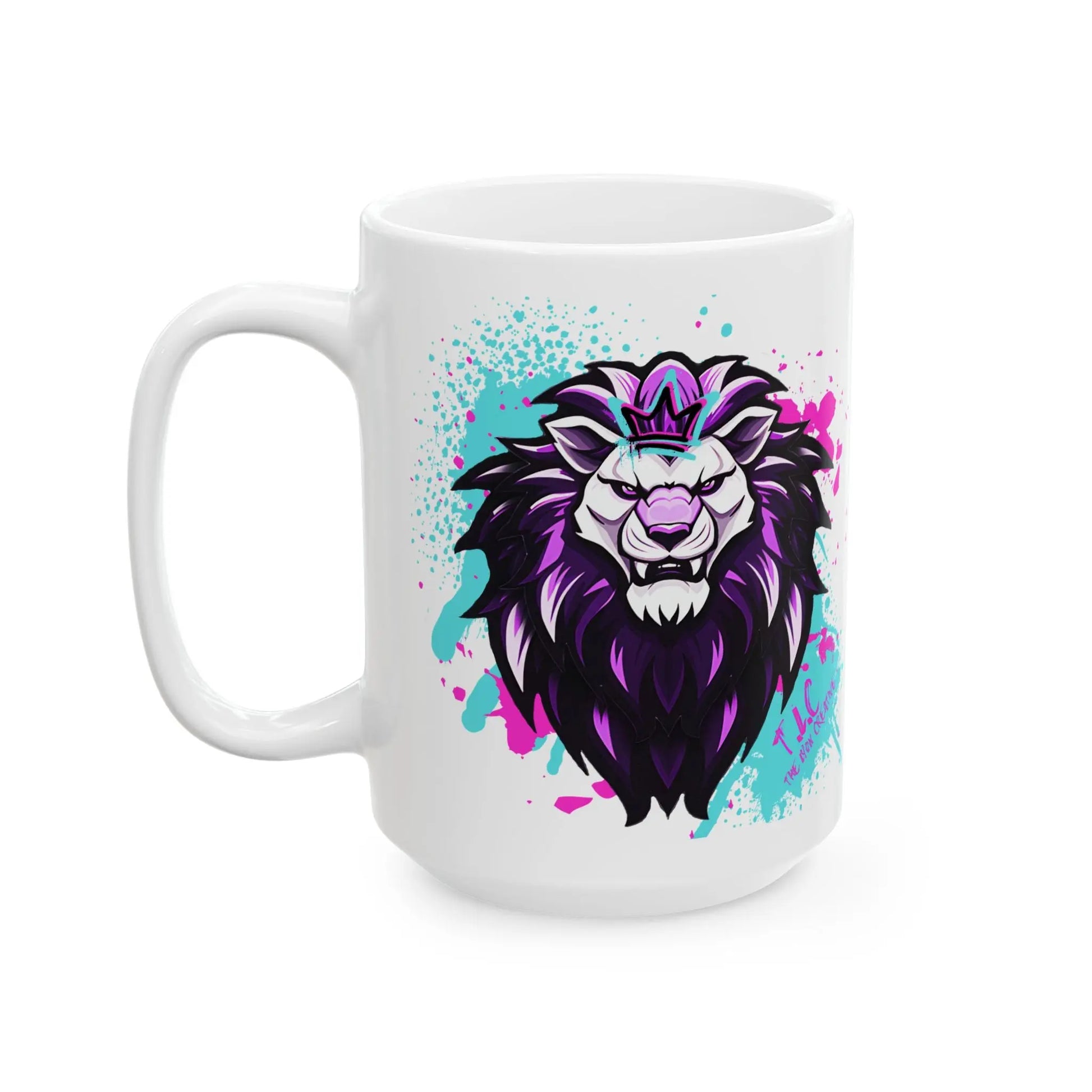 The Lyon Mug, available in 11oz and 15oz sizes, is a white, durable ceramic piece featuring a colorful illustration of a lion with a vibrant mane in shades of purple and blue. Its background is adorned with splashes of pink and aqua colors, making this BPA-free mug both stylish and safe for everyday use.