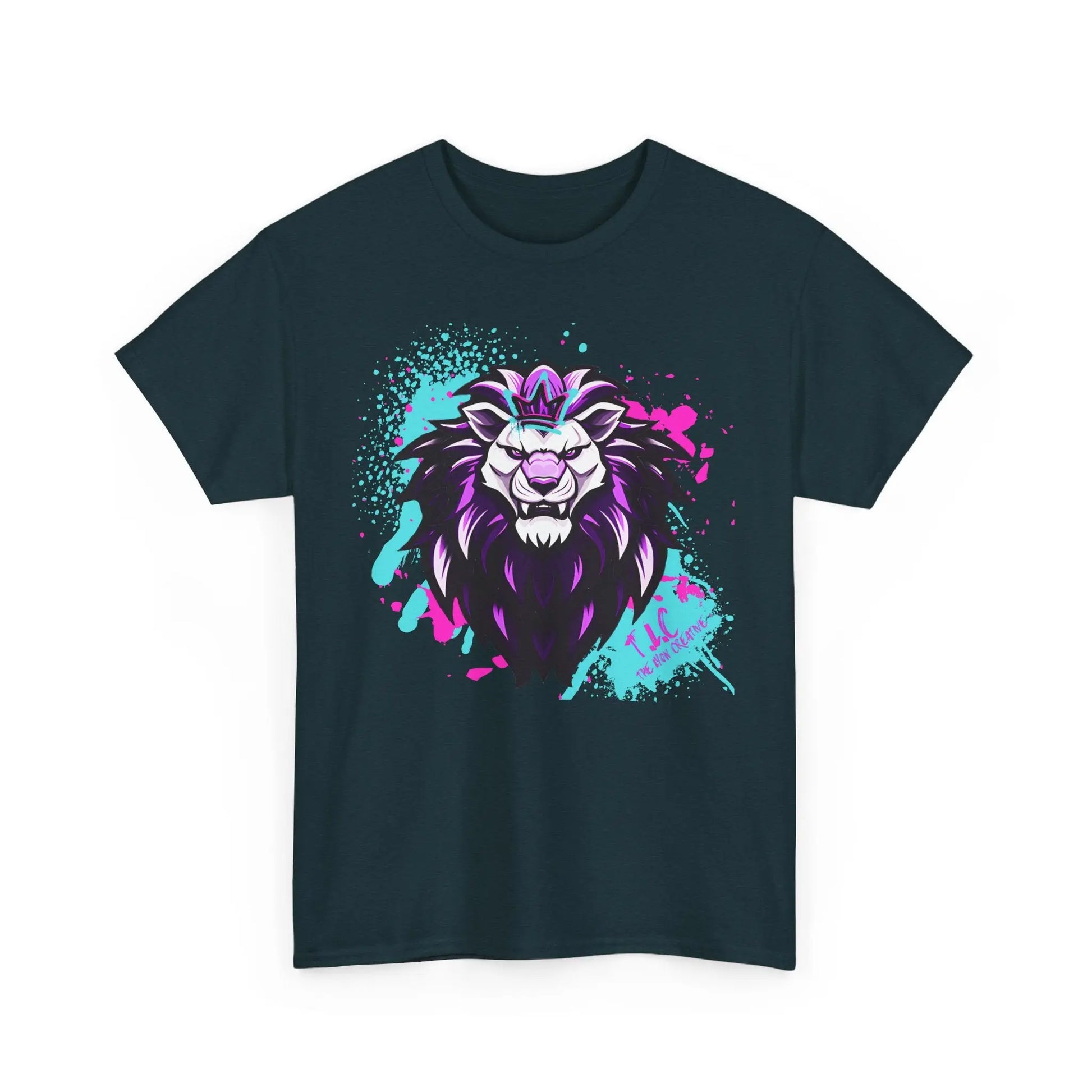 This classic fit "The Lyon T-shirt" features a vibrant lion illustration created with sustainable production methods. It showcases a stylized lion's face in hues of purple, blue, and pink on black 100% cotton fabric, accented by splatter-like colors.