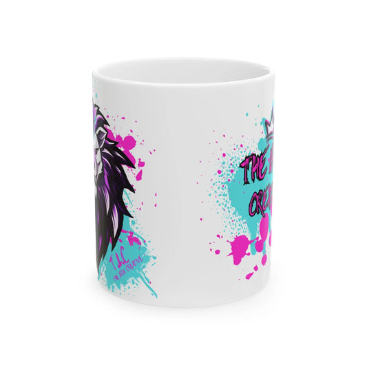 Introducing The Lyon Mug, available in both 11oz and 15oz sizes, this BPA-free ceramic piece showcases a vibrant blend of pink and blue splatters. It features a unique design with a stylized face on one side and intriguing abstract text on the other, seamlessly merging artistic flair with functionality. Ideal for adding a touch of creativity to your daily routine.