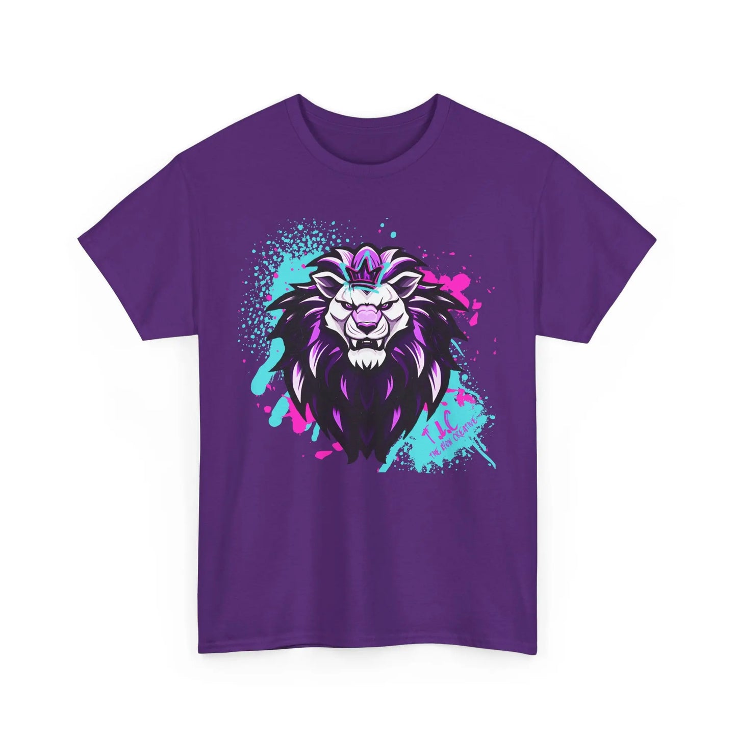 The Lyon T-shirt is a purple, 100% cotton garment featuring a vibrant lion's head graphic with a flowing mane, accented by blue and pink splatter details. Its bold, playful design embodies an artistic style while providing a classic fit for everyday comfort.