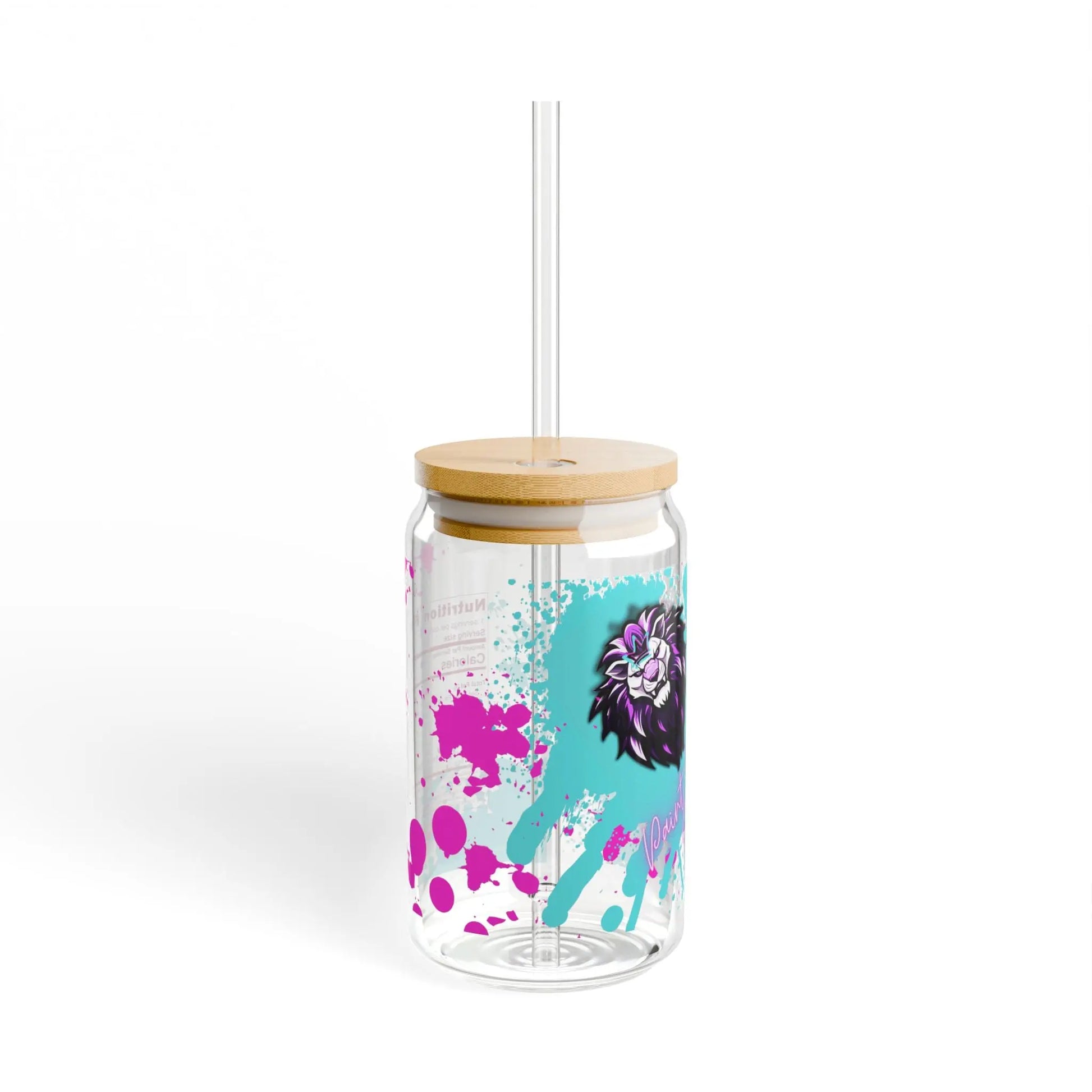 The Paint Water Soda Glass, 16oz, features a clear tempered glass tumbler with a bamboo lid and straw. It is beautifully decorated with vibrant splashes of pink, purple, and blue along with a floral design. Made from BPA-free materials for safe sipping, the white background accentuates the colorful artistry on the glass.