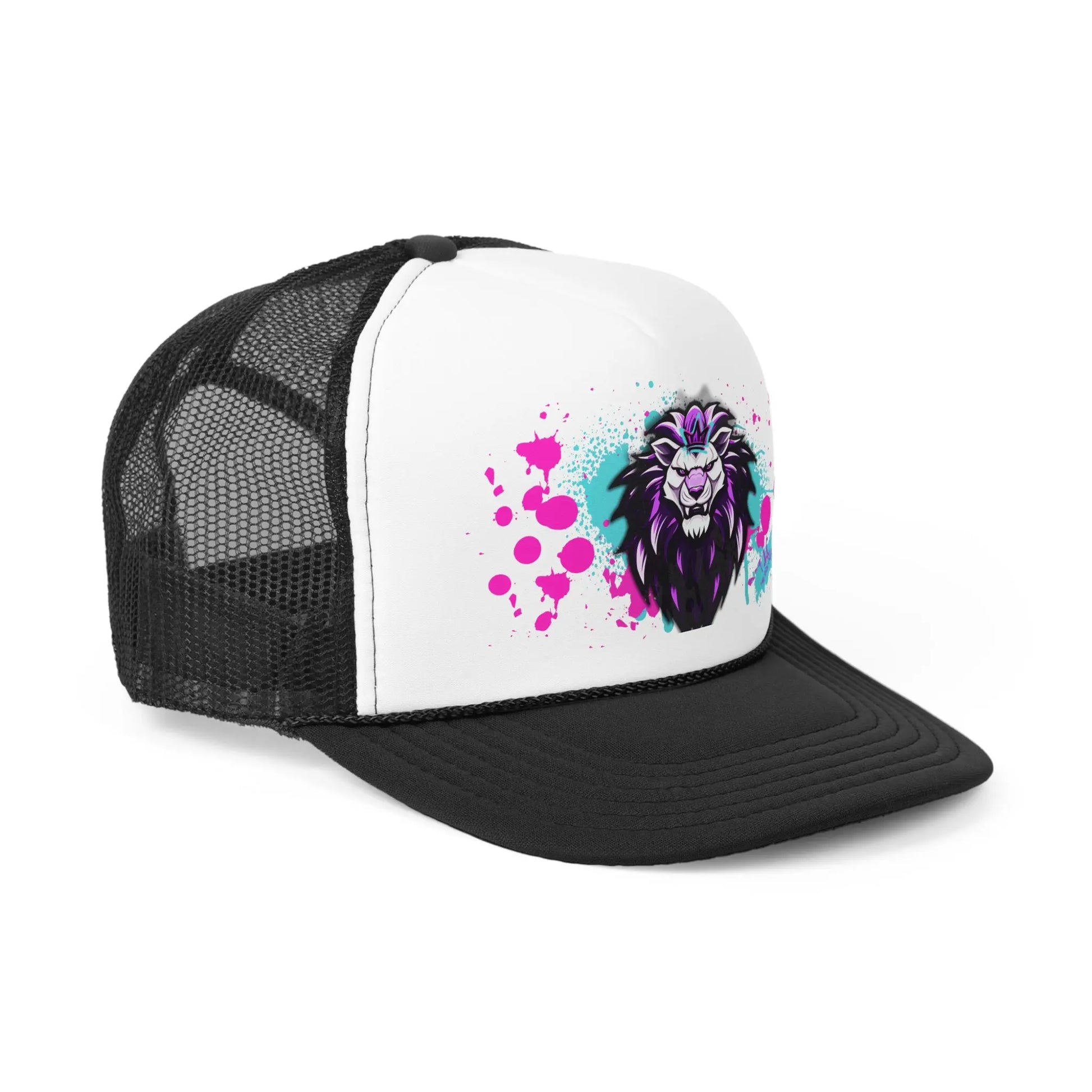 The Trucker Cap is a black and white hat featuring a vibrant graphic of a lion's head. The lion's mane displays an array of vivid colors, primarily purple and blue, accented with pink paint splatters for a bold, artistic design. It comes with a black brim, polyester foam front, mesh back, and an adjustable plastic snap closure.