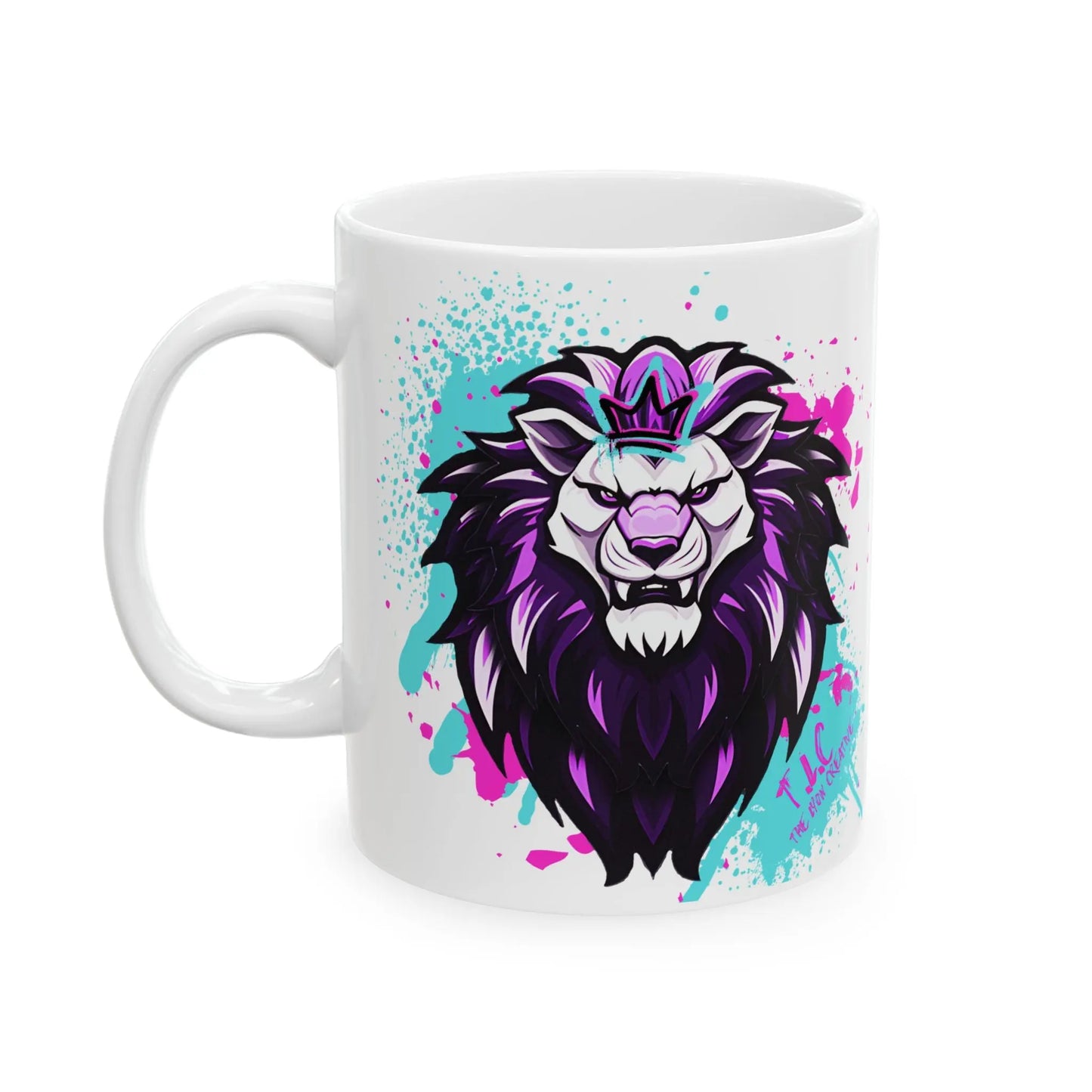 The Lyon Mug is a sturdy ceramic mug available in 11oz and 15oz sizes, featuring a stylized illustration of a lion's head with a purple mane and wearing a small crown. The BPA-free mug is designed with colorful splashes of blue and pink paint in the background for an eye-catching effect.