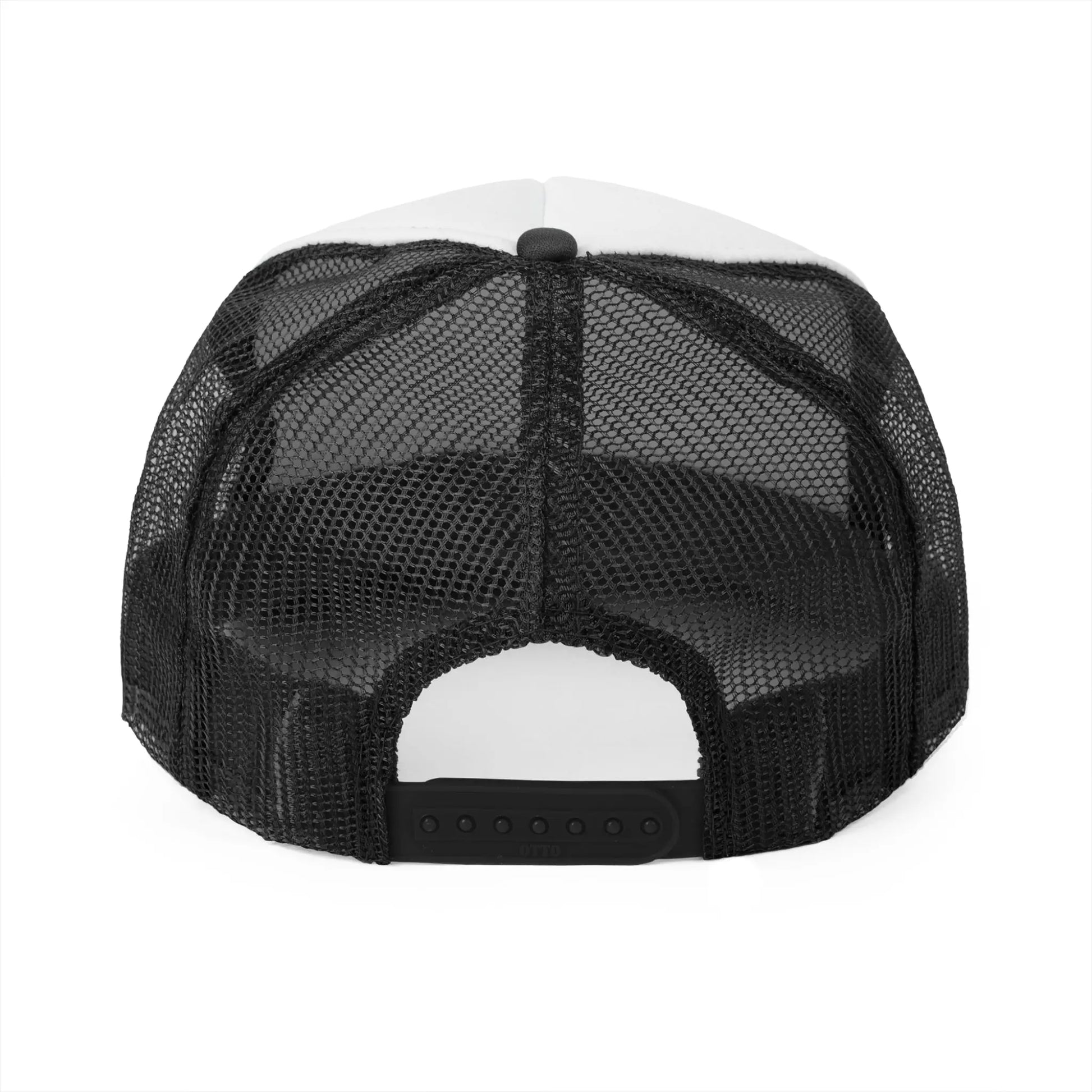 The image depicts the back view of a Trucker Cap in black with a mesh design and an adjustable snap closure. The mesh construction ensures ventilation, while the snapback offers multiple adjustment holes for a customizable fit. This durable and functional cap is ideal for those who appreciate simplicity and practicality.