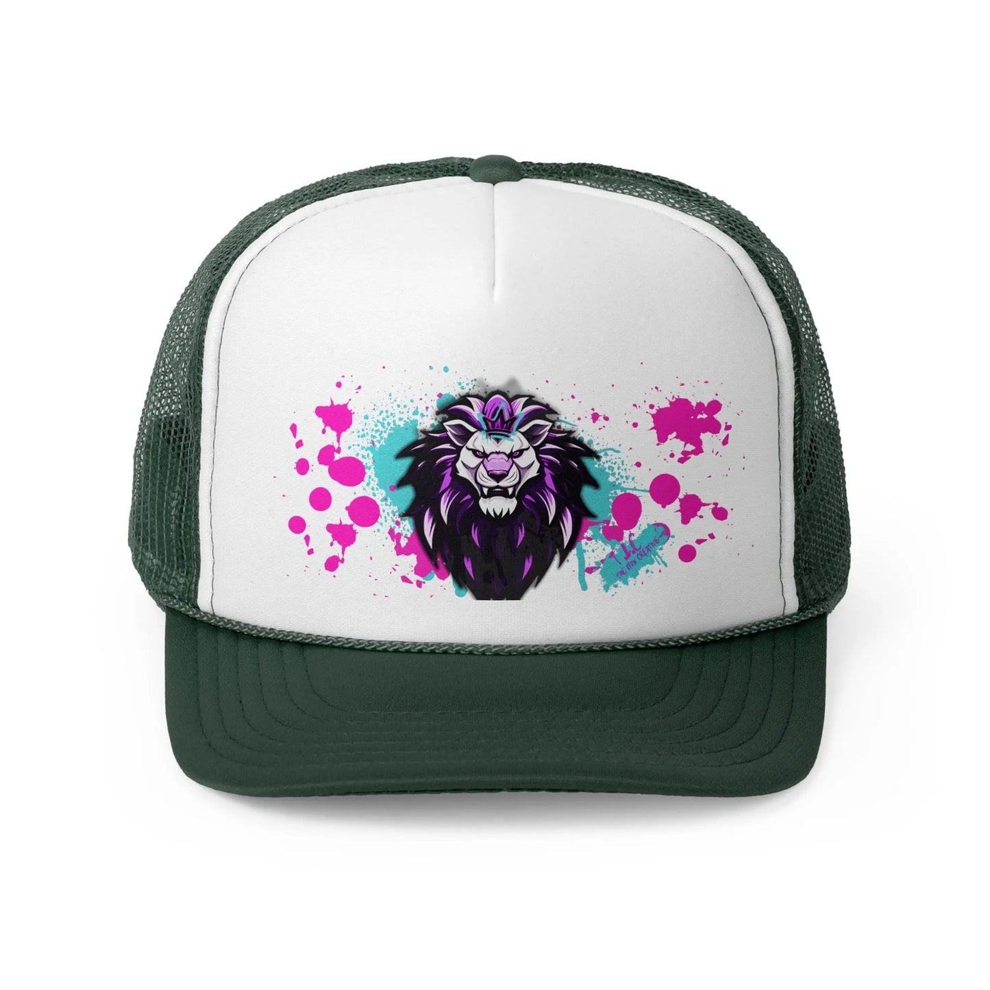 The Trucker Caps collection includes a stylish white cap with dark green mesh and brim, adorned with a striking graphic of a lion's head. The graphic is enhanced by vibrant splashes of pink and teal, creating a graffiti-like effect. This hat is designed for comfort with an adjustable plastic snap closure and a polyester foam front.