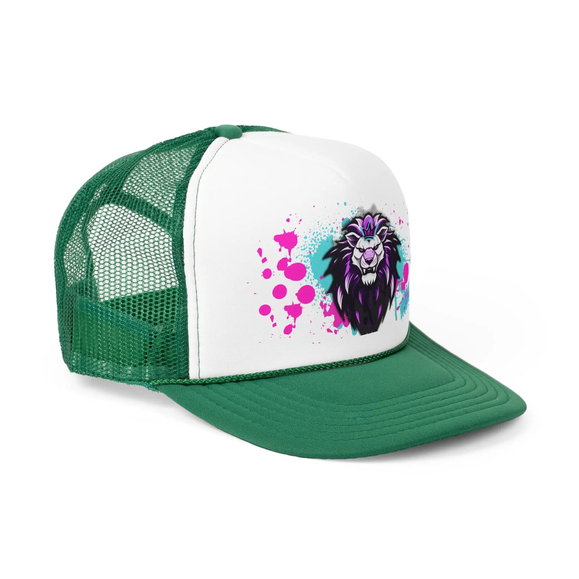 The Trucker Caps features a green and white design with a mesh back and an adjustable snap closure. The front showcases a vibrant artistic illustration of a lion's head, highlighted by a neon color palette with pink and blue splatters. This durable cap enhances any outfit with both style and functionality.