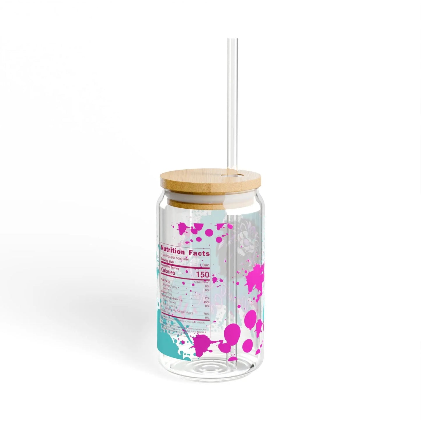 Product Name: Paint Water Soda Glass, 16oz  
Description: A clear 16oz glass cup featuring a BPA-free bamboo lid and transparent straw. It is adorned with pink and teal abstract paint splashes and includes a nutrition facts label design on the side, set against a white background.