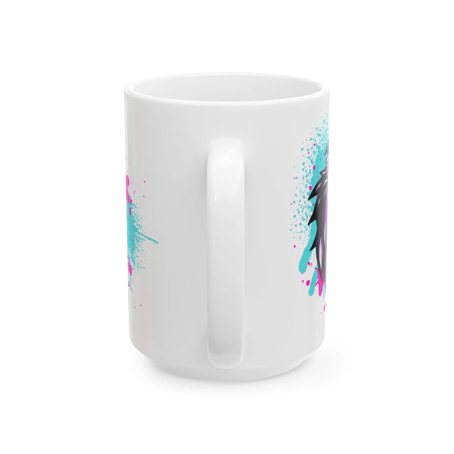 Introducing The Lyon Mug, featuring a robust ceramic build and an abstract splash design in vibrant turquoise and pink with striking black accents on one side. This BPA-free mug is elegantly displayed with the handle turned outwards, subtly highlighting the edge of the graphic. Available in 11oz and 15oz sizes.