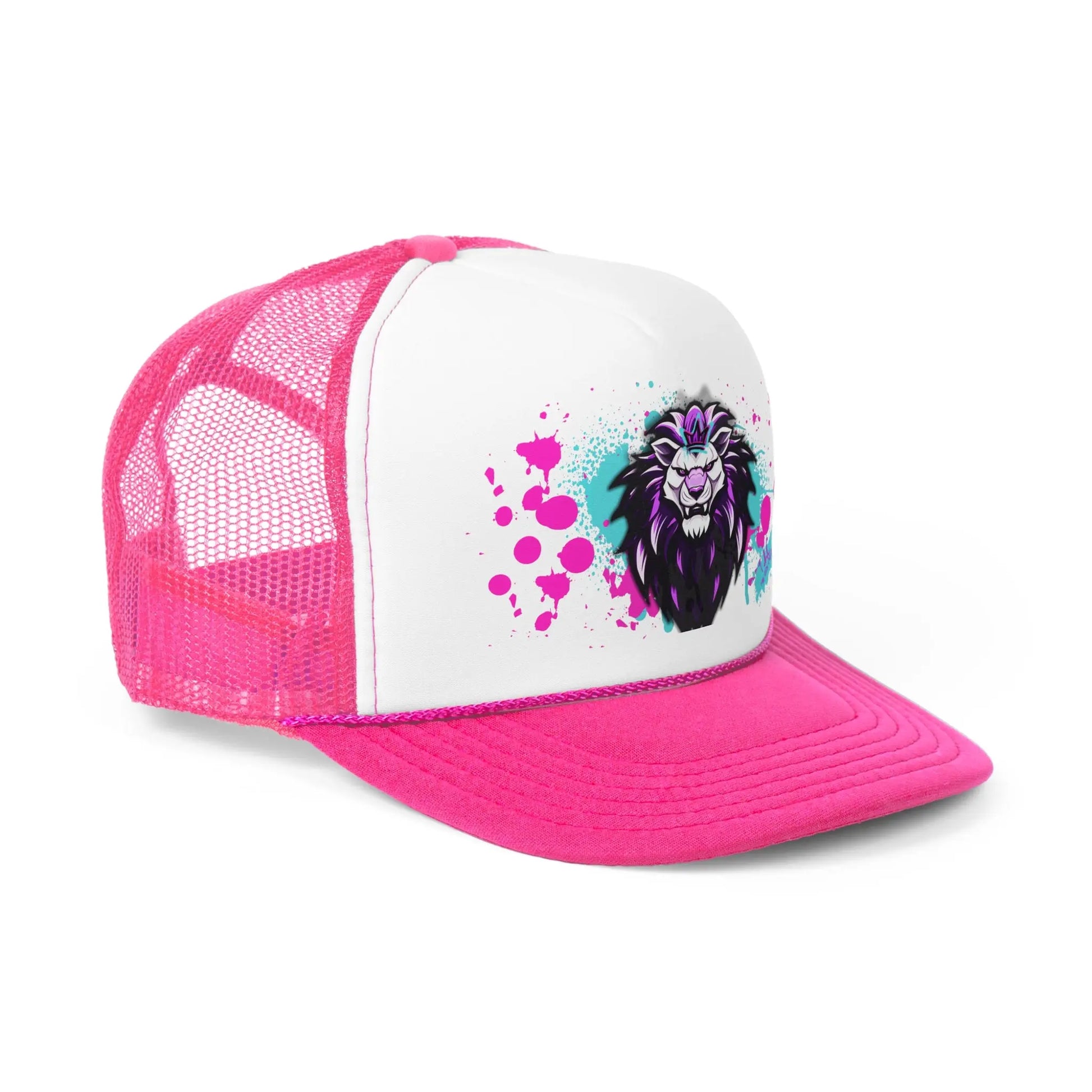 The Trucker Caps feature a durable design with a pink mesh back and white front panel. They are adorned with a vibrant illustration of a lion's head, accented by splatter paint effects in blue and pink. For the perfect fit, these caps come with an adjustable snap closure.