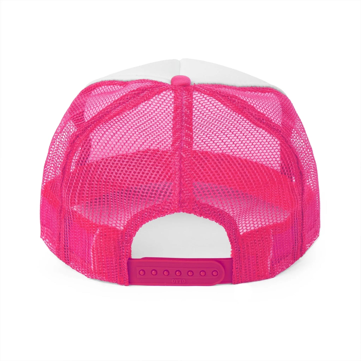 Rear view of the Trucker Caps in a vibrant pink mesh design. This cap includes an adjustable snap closure with sturdy plastic straps. The breathable mesh construction ensures ventilation, while the solid front panel offers structure and support.