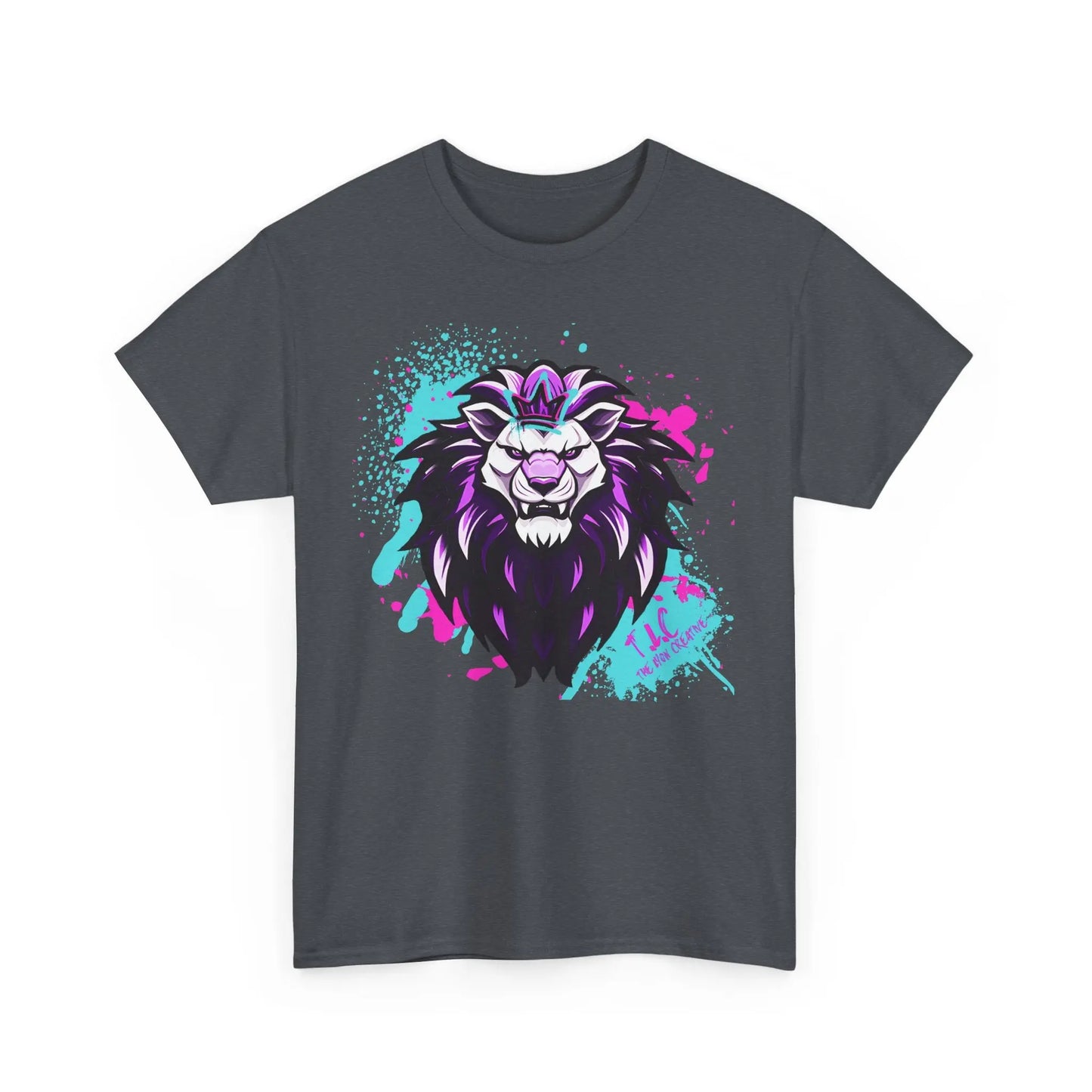 The Lyon T-shirt, crafted from 100% cotton in dark gray, showcases a stylized graphic of a majestic lion's head. The vibrant design incorporates purple, pink, and turquoise splashes around the lion, resulting in a dynamic and artistic appearance while maintaining sustainable production practices.