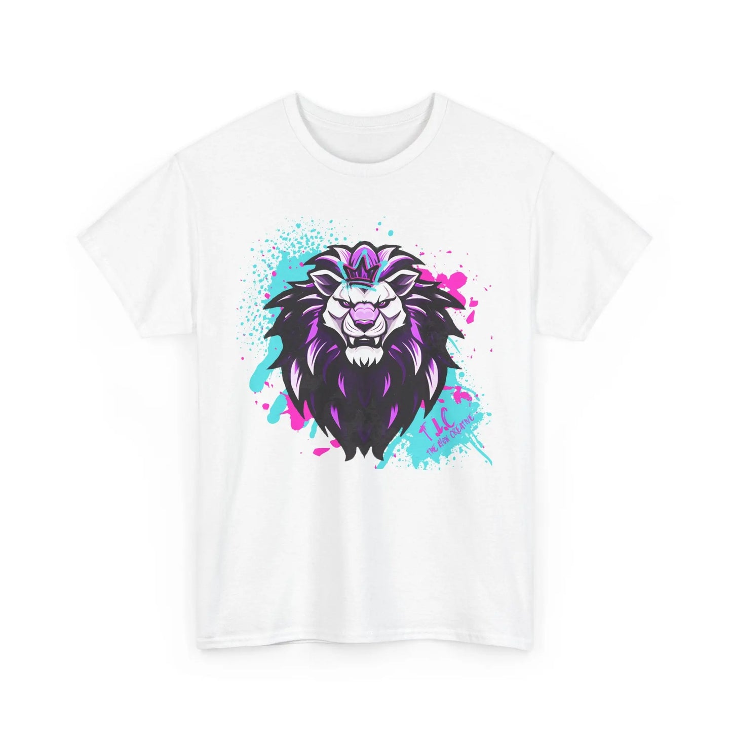 The Lyon T-shirt features a classic fit made from 100% cotton in white, adorned with a lion's head graphic that boasts a striking purple and black mane and is creatively surrounded by blue and pink paint splatters.