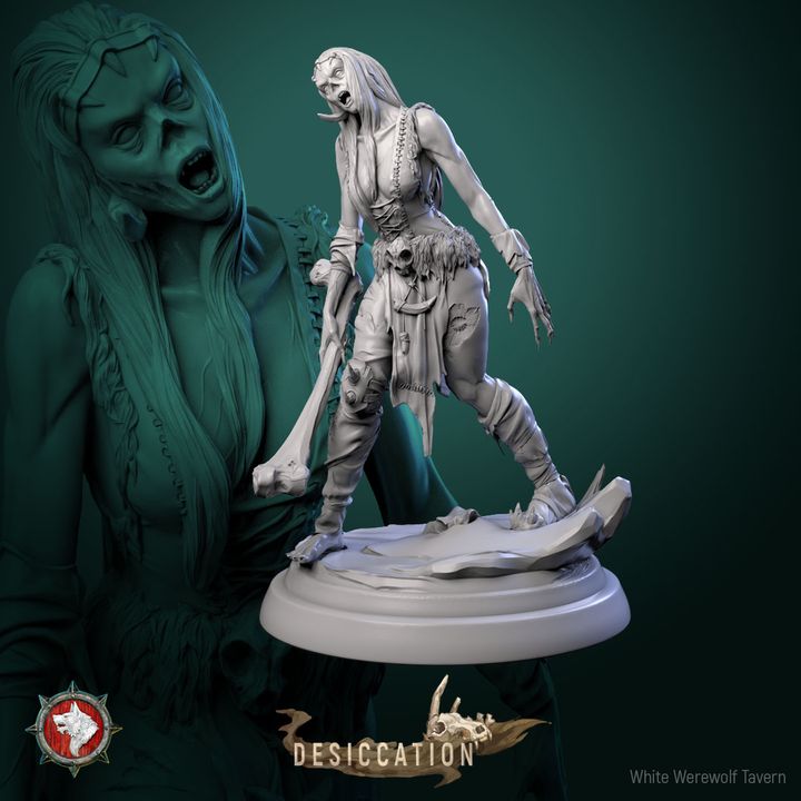 A highly detailed, grayscale resin miniature of a Zombie Barbarian Girl is presented against a dark green background. The menacing figure holds a large sword and stands on a round base. Behind her, an enlarged image of the girl's head and upper body adds depth. Text reads "Desiccation." Perfect for wargames.