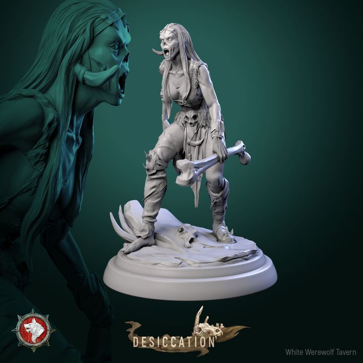 A detailed miniature sculpture portrays a fierce Zombie Barbarian Girl with long hair, wielding a double-sided axe. Her mouth is open in a battle cry, and the base is adorned with skulls and bones, enhancing its intense wargames appeal. Crafted by White Werewolf Tavern in resin miniatures, this figure is labeled "Zombie Barbarian Girl - Resin 3D Print - WWT".