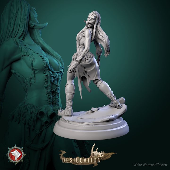 A dynamic statue of a fierce female warrior, crafted as a "Zombie Barbarian Girl - Resin 3d Print - WWT," stands on an intricately detailed base. She is posed aggressively with an armored gauntlet, ragged clothing, and a snarling expression. The backdrop showcases another larger version in green resin miniatures, with the text "Desiccation" prominently displayed.