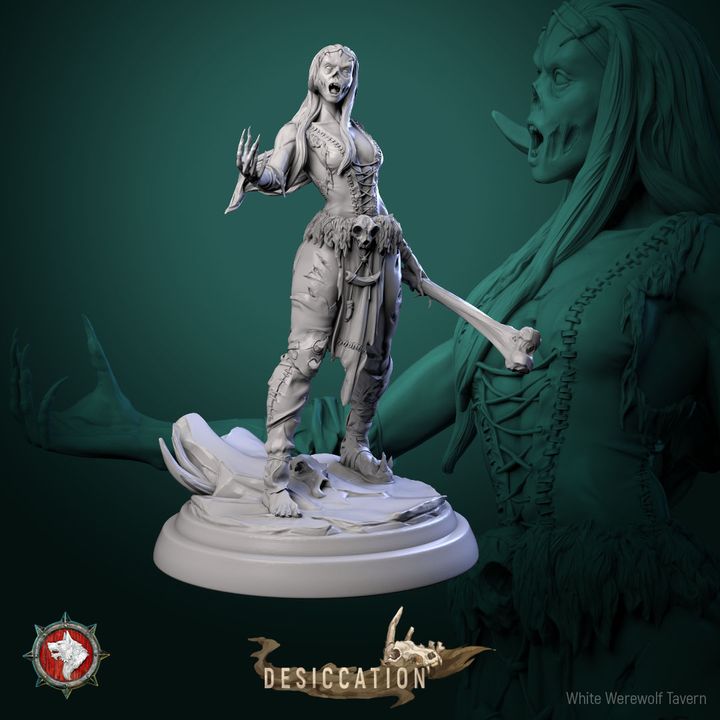 The Zombie Barbarian Girl from White Werewolf Tavern is a striking 3D-printed resin miniature that portrays a fierce female warrior wielding a bone weapon. She stands on a meticulously detailed base adorned with skulls and bones, capturing an intense expression. Titled "Desiccation," this model is perfect for wargames.