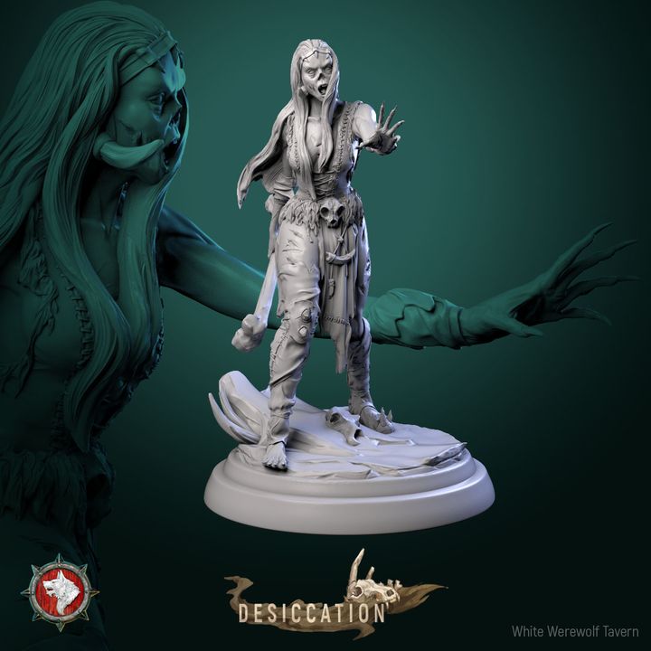 The Zombie Barbarian Girl - Resin 3D Print - WWT showcases an intricately crafted undead female figure, standing in a commanding stance on a base. This resin miniature for wargames features skeletal attributes, tattered attire, and reaching claws. The dark green background highlights a ghostly version of the figure with text reading: "DESICCATION" accompanied by a jawbone graphic below.