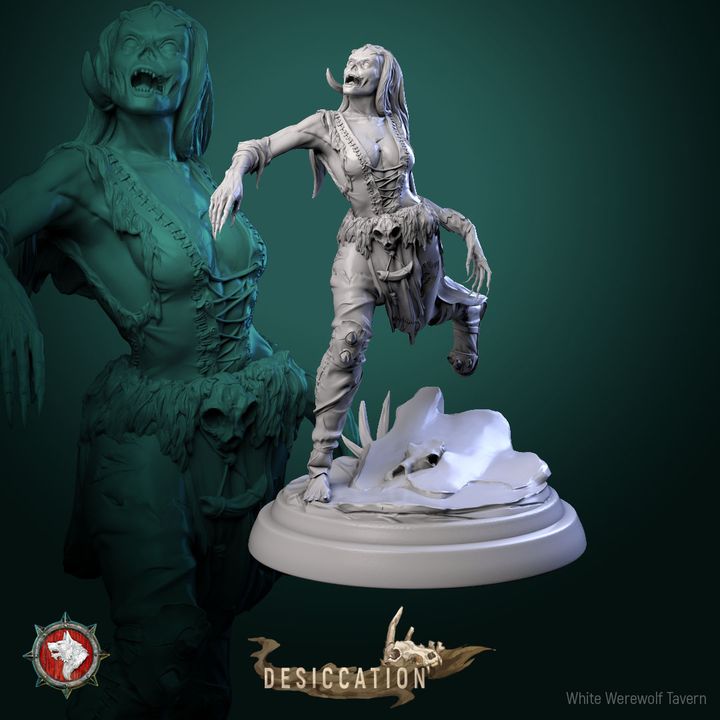 A detailed 3D model of the "Zombie Barbarian Girl - Resin 3d Print - WWT" depicts a menacing, zombie-like female figure in ragged clothing, standing with one leg up on a skull. Ideal for resin miniatures or wargames, the dark green background accentuates the "Desiccation" logo and "White Werewolf Tavern" text on the base.