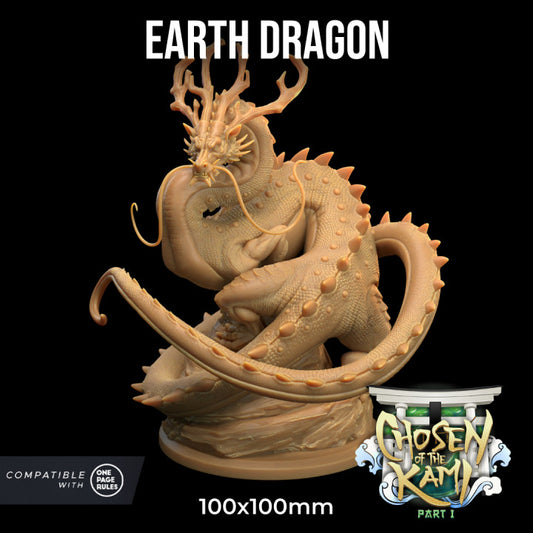 A 3D-printed figurine labeled "Earth Dragon - The Dragon Trappers Lodge - 3d Print" depicts a coiled dragon with spiky scales, long whiskers, and a fierce expression, perfect for Dragon Trappers Lodge collectors. The base measures 100x100mm. "Chosen of the Kami Part I" logo and "Compatible with One Page Rules" text are also shown.