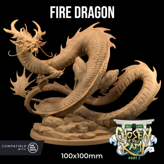 A detailed 3D model of a Fire Dragon - The Dragon Trappers Lodge - 3d Print with a coiled, serpentine body and intricate scales. Perfect for resin miniatures and wargames, this model includes the title "Fire Dragon," compatibility with "One Page Rules," and the logo for "Chosen of the Kami Part I." The base measures 100x100mm.