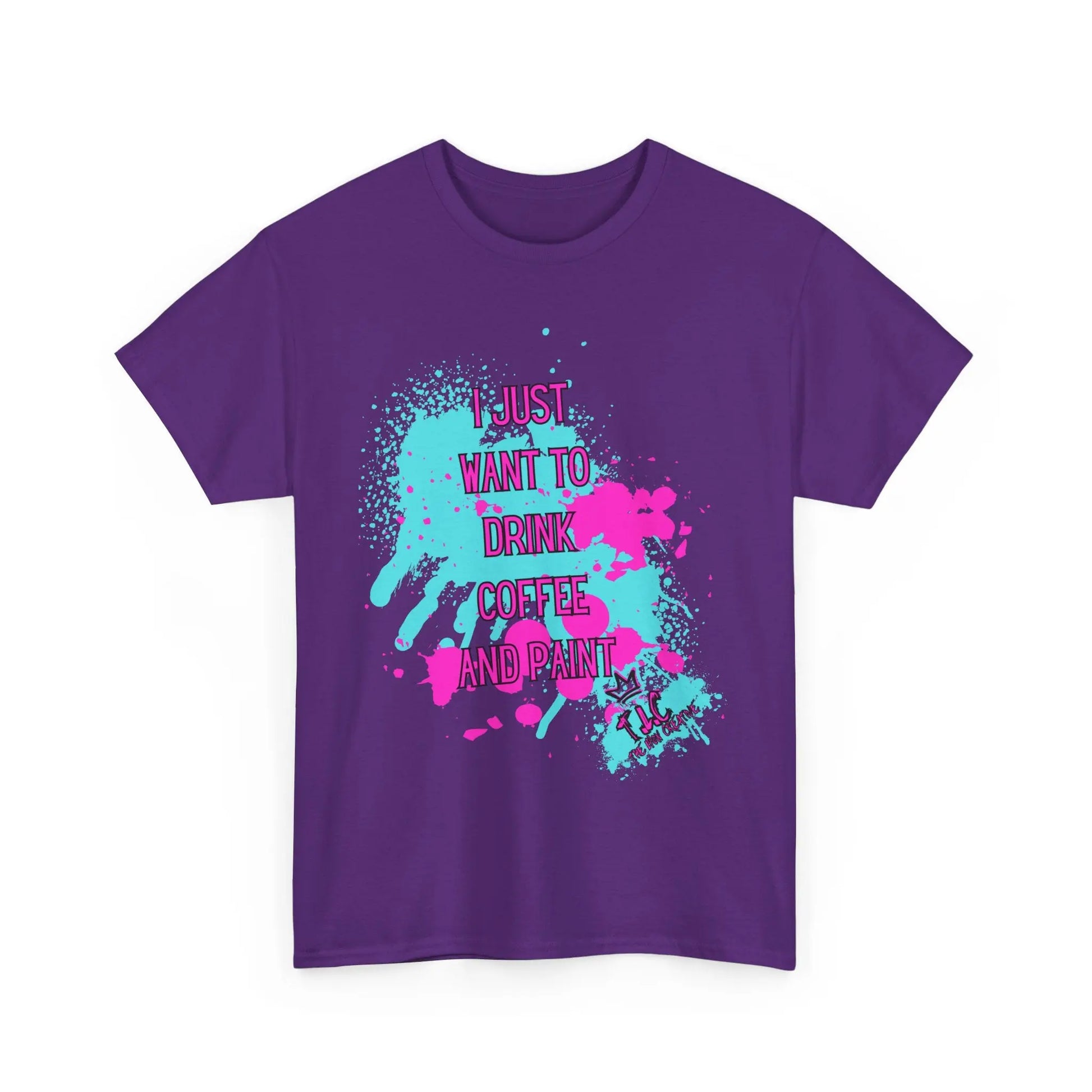 A classic fit "I Just want to Drink Coffee" T-shirt, in purple with splashes of teal and pink paint, crafted from 100% cotton.