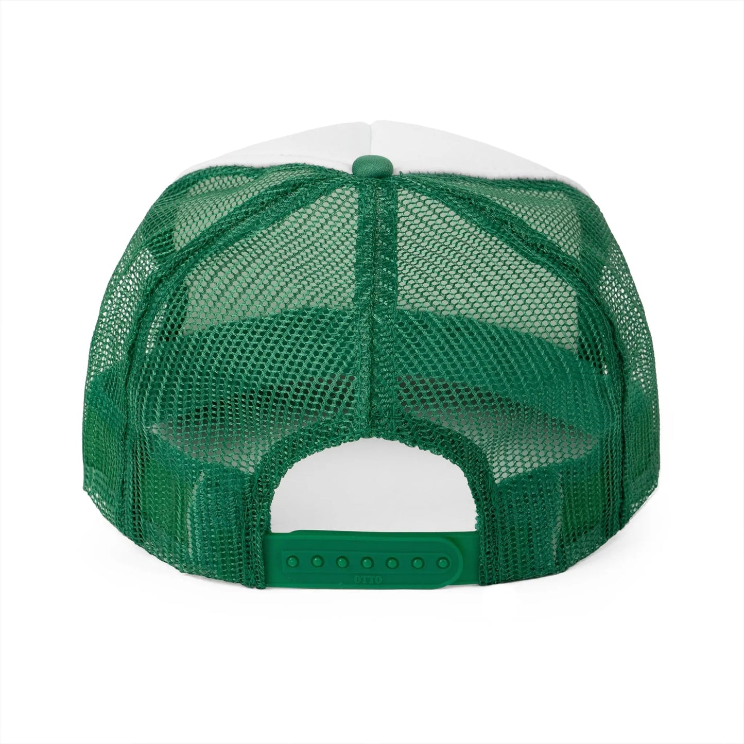 The image displays the back view of a green mesh Trucker Cap with a white front panel. This sturdy cap includes an adjustable snap closure in green for easy size adjustment. The mesh design ensures ventilation, making it a versatile and breathable accessory suitable for any occasion.