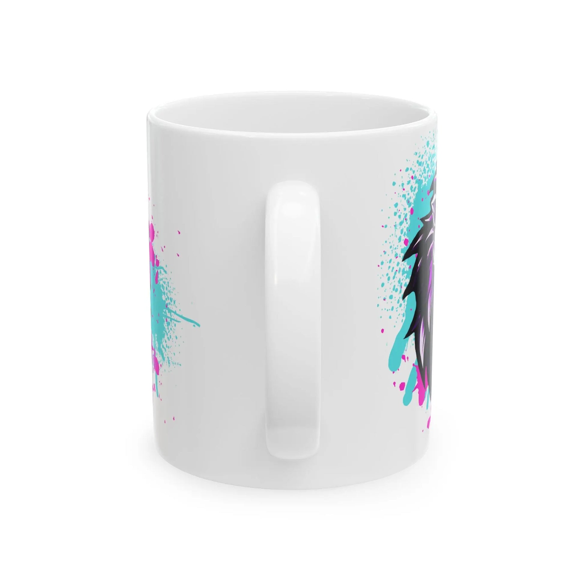 The Lyon Mug, available in 11oz and 15oz sizes, features an abstract design with vibrant blue and pink paint splatters on one side. The white ceramic construction emphasizes its partially visible handle on the left. It is durable and BPA-free, making it ideal for everyday use.