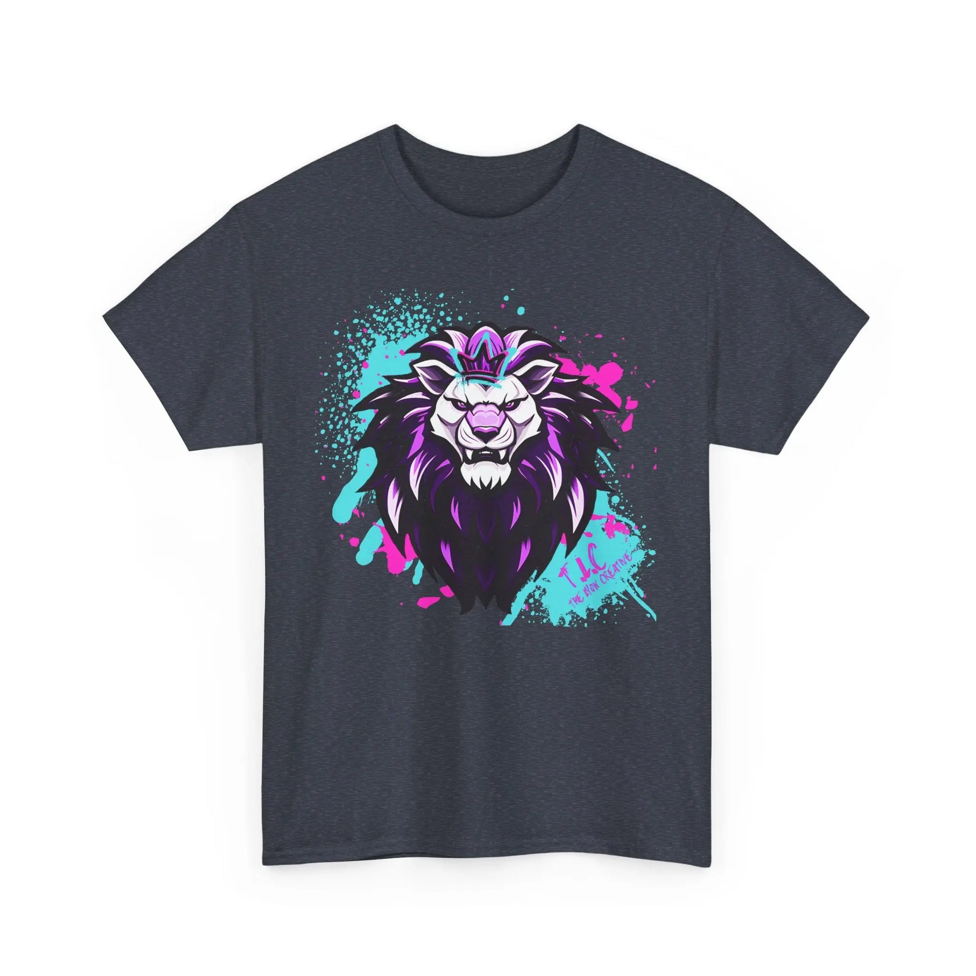 Introducing The Lyon T-shirt: A dark gray tee showcasing a stylized lion's head, made from 100% cotton. The design features a lion with a vibrant purple mane accented by cyan and magenta splashes, creating an abstract and dynamic look. Manufactured using sustainable practices, this T-shirt combines style with ethical assurance.