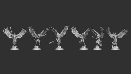 A grayscale image showcasing the "Aarakocra Warriors - Resin 3D Print - WWT" features six intricately detailed resin miniatures of winged humanoid figures, each captured in a unique and dynamic pose. The models boast large feathered wings and muscular builds; two are depicted brandishing spears while the others hold various weapons or stand with arms raised—ideal additions for any wargame involving Aarakocra Warriors.