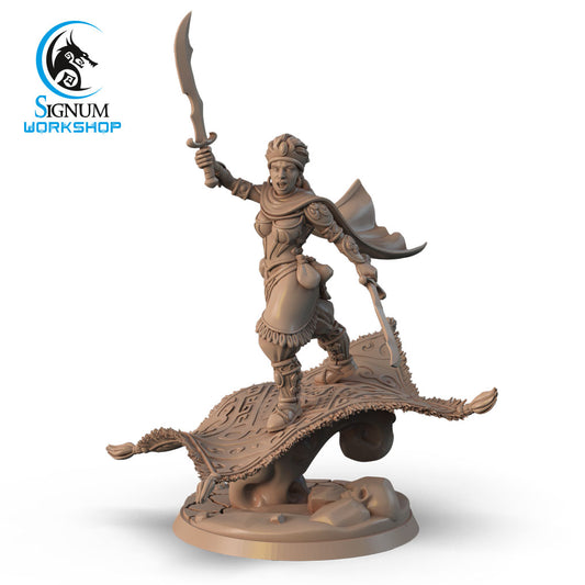 A detailed 3D printed miniature figurine, Anat, The Dance of Steel - Signum Workshop - 3d Print, depicts a warrior standing on a flying carpet, perfect for Dungeons and Dragons. The figure holds a scimitar high in one hand, dressed in armor with a determined expression. The carpet features intricate patterns. The Signum Workshop logo is in the top left corner.