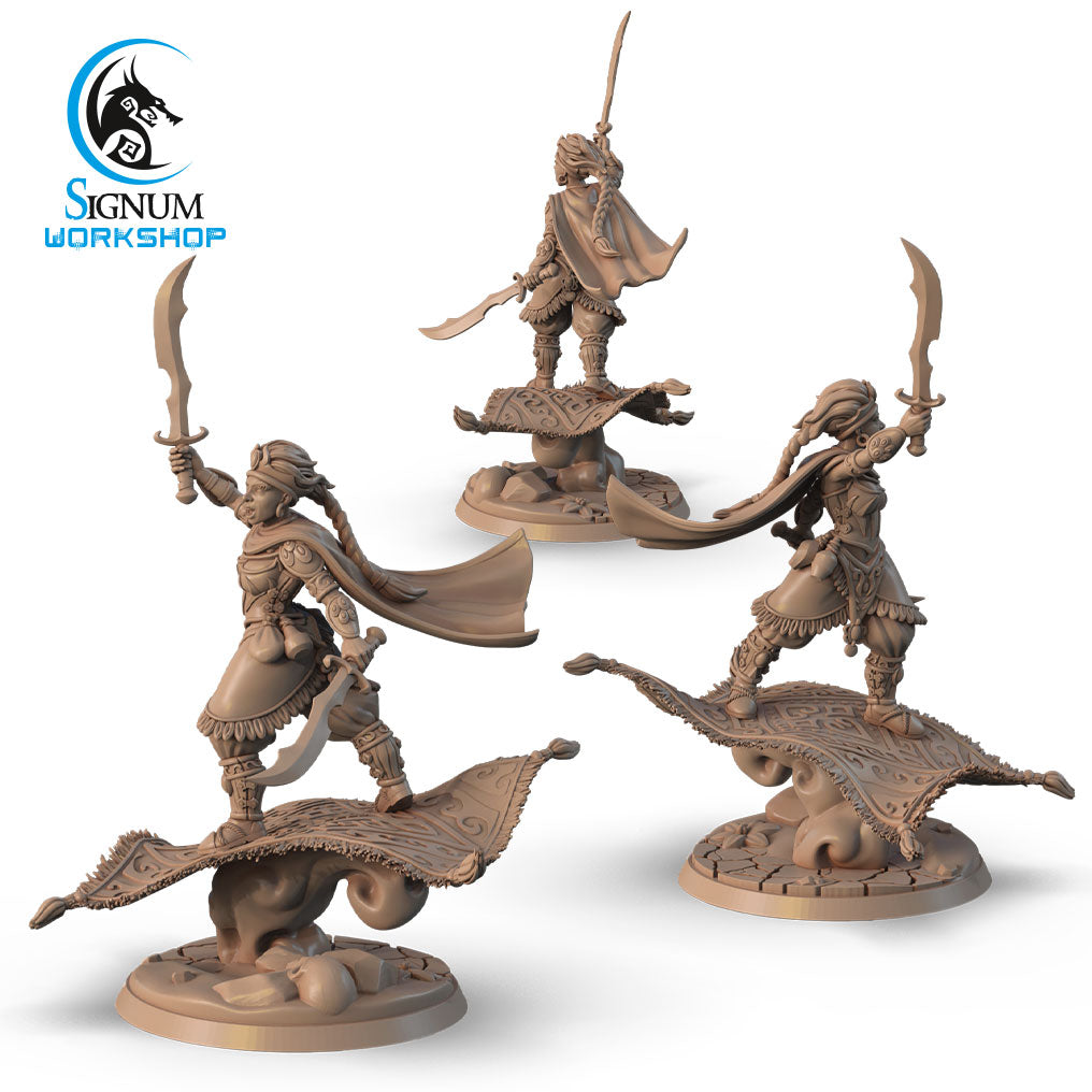 Three intricately designed 3D printed miniatures, each standing on a flying carpet. The figures are posed dynamically with raised swords and flowing cloaks, creating a sense of movement reminiscent of Dungeons and Dragons adventures. The logo "Anat, The Dance of Steel - Signum Workshop - 3d Print" is displayed in the top left corner.