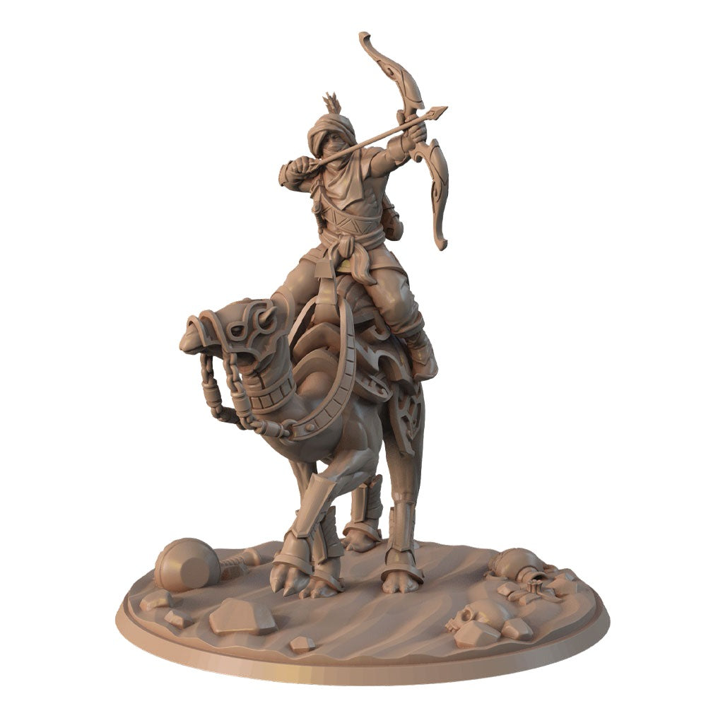 A detailed 3D-printed miniature figure of an archer riding a camel, perfect for Dungeons and Dragons campaigns. The archer is poised with a drawn bow, aiming forward. The figure is mounted on a round base with rocky terrain, featuring a small object resembling a boulder. 