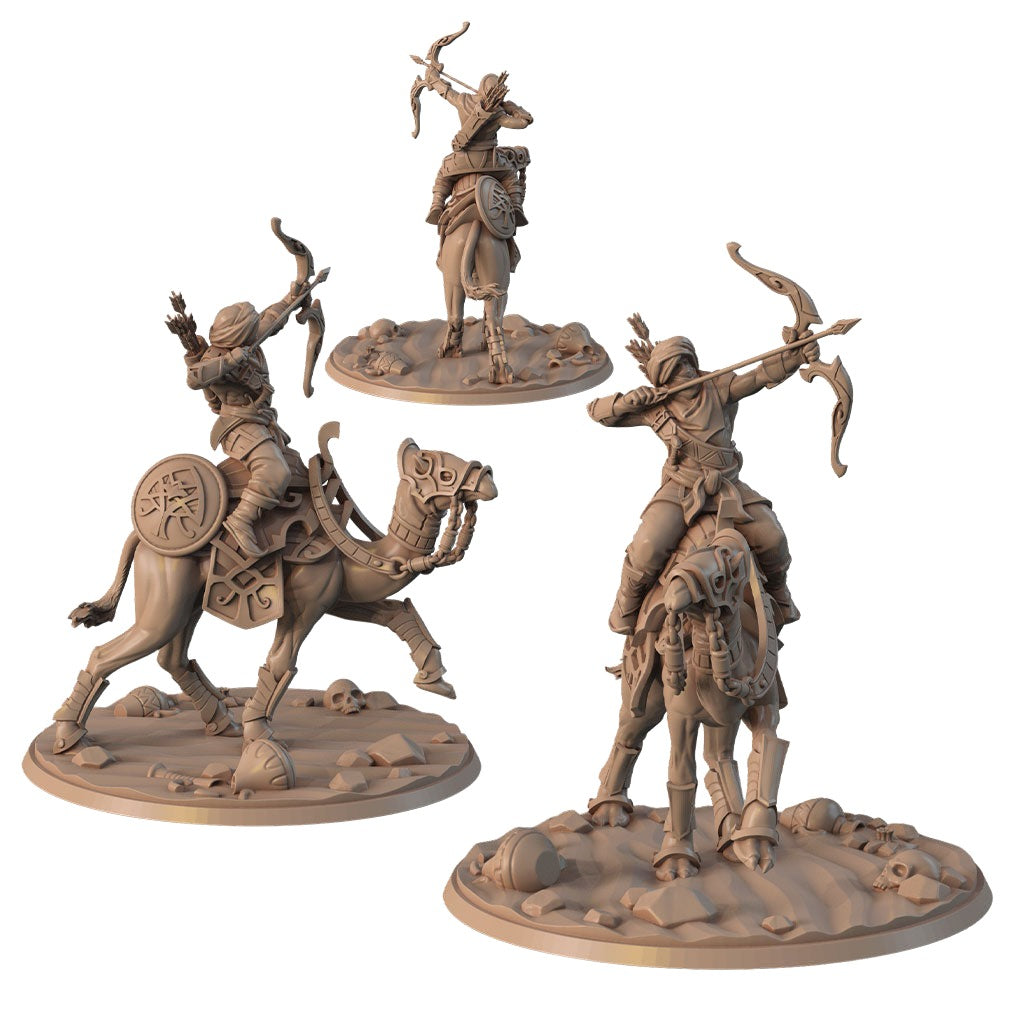 A 3D render showcasing Anhur the Dune Hunter - Signum Workshop - 3d Print. Each miniature is in an action pose, with the archers aiming their bows. The scene, reminiscent of a Dungeons and Dragons adventure, is complemented by scattered skulls and bones on the base