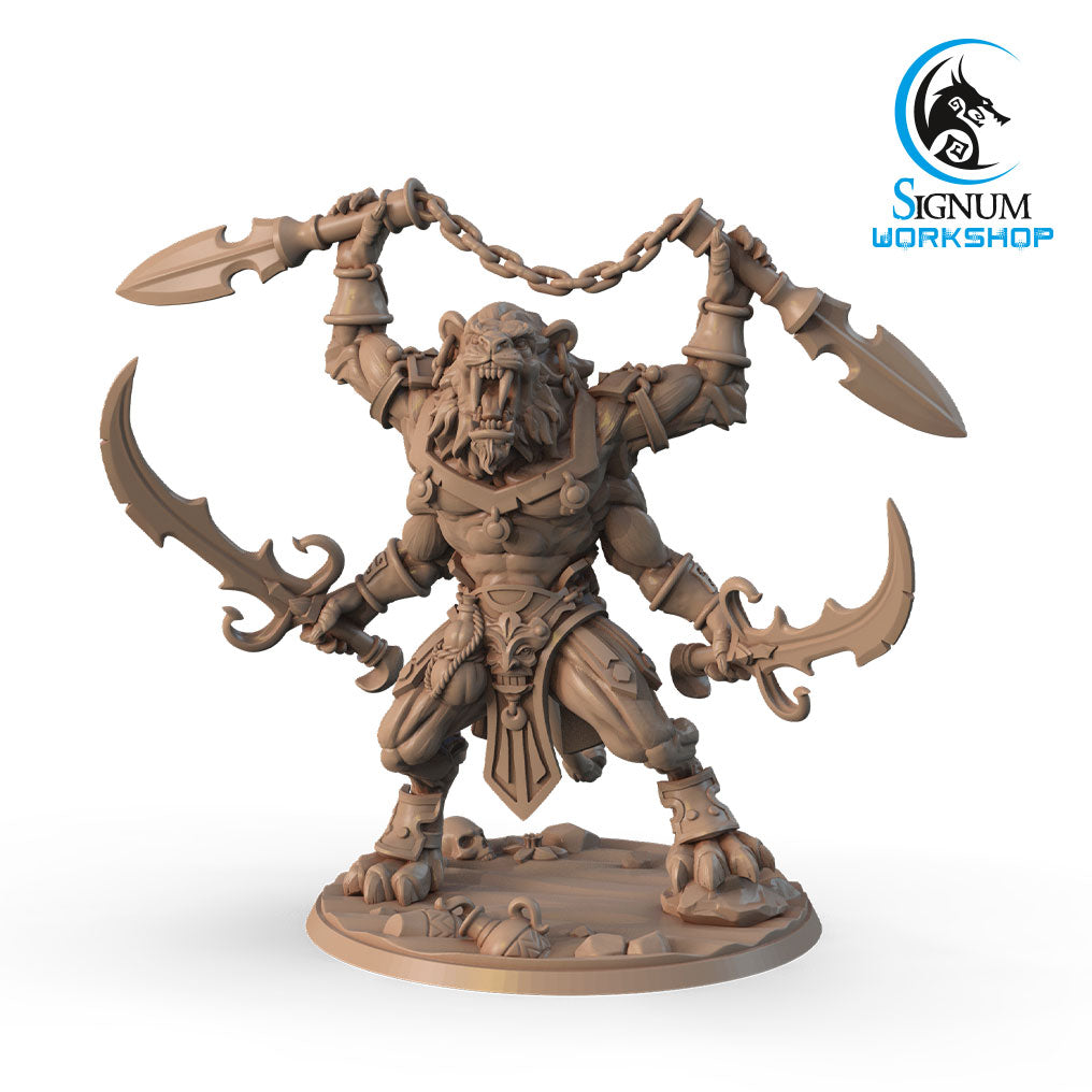 A detailed 3D printed miniature of a fierce creature, possibly a werewolf or beast warrior, standing on a textured base. It wields two large, jagged blades connected by chains and wears armor. Perfect for Dungeons and Dragons, the image includes the Signum Workshop logo at the top right corner. The product name is Ardashir, the Bloodsucker-Executioner - Signum Workshop - 3d Print.

