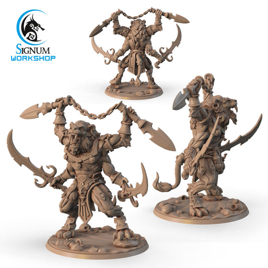 A set of three detailed 3D printed miniatures from Signum Workshop, depicting fantasy warriors holding dual scimitars. Perfect for Dungeons and Dragons, each warrior is highly detailed with menacing expressions, intricate armor, and dynamic poses, suggesting combat readiness.

Ardashir, the Bloodsucker-Executioner - Signum Workshop - 3d Print