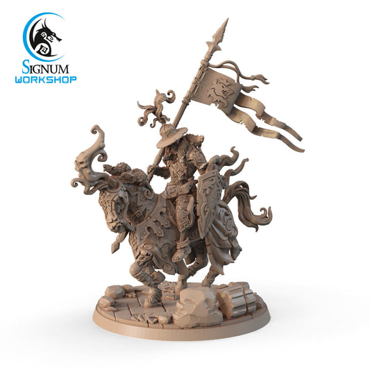 A detailed 3D printed miniature figure of an armored knight riding a horse, both adorned with intricate designs and flowing elements. Perfect for Dungeons and Dragons campaigns, the knight holds a staff with flowing banners. Set on a rugged terrain base, the Bannerman of Plague Legions - Signum Workshop - 3d Print logo is visible.