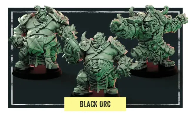 A trio of intricately crafted Jade Jaws - Black Orcs miniatures is showcased, each capturing dynamic poses with their heavy armor and intense expressions. Set against a dark background to emphasize the orc figures, a yellow label at the bottom reads "Black Orc.