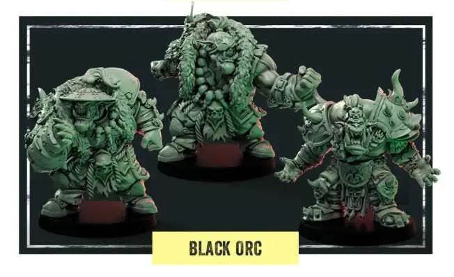 The product features three meticulously crafted miniature figures of Jade Jaws - Black Orcs, each posed uniquely and equipped with elaborate armor and weapons. They are showcased against a dark backdrop with the label "BLACK ORC" beneath them.