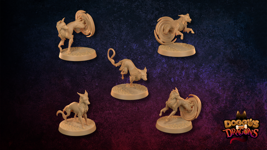 Five detailed, 3D-printed miniature figurines of fantastical dogs in various dynamic poses are arranged in a semi-circle against a gradient purple-to-red backdrop. The "Blink Dogs - The Dragon Trappers Lodge - 3d Print" logo is placed in the bottom right corner, hinting at their inspiration from Dungeons and Dragons adventures.