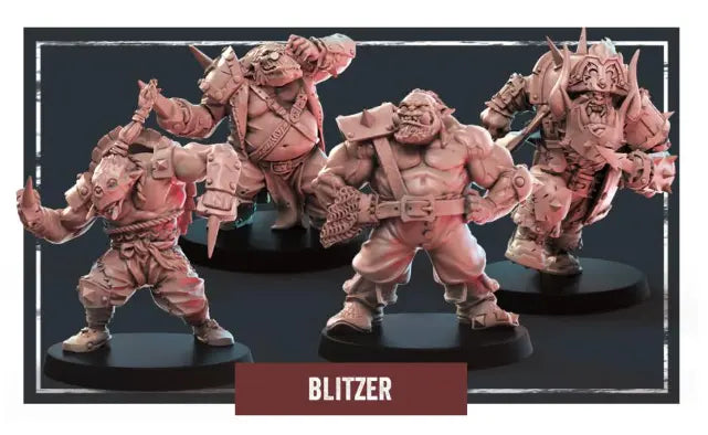 Four highly detailed Storm Coast Marauders - Blitzers fantasy orc miniatures, meticulously crafted in resin, are showcased in unique armor and weaponry poses on small bases. A label at the bottom reads "BLITZER." Perfect for wargames enthusiasts, the scene is set against a dark, textured gray backdrop.