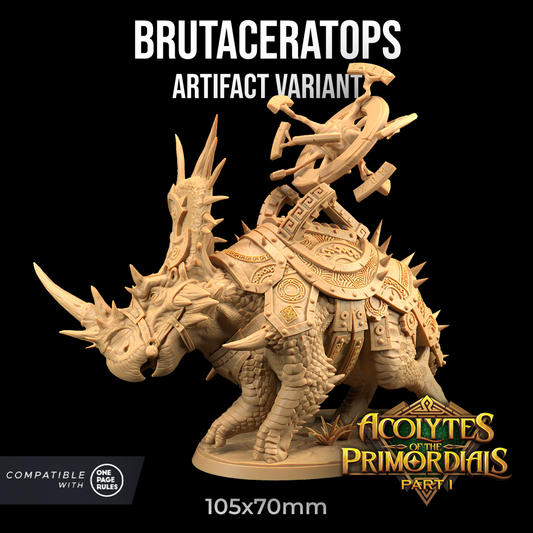 A highly detailed Brutaceratops - The Dragon Trappers Lodge - 3d Print model, shown in a 105x70mm size. The creature has intricate armor and weaponry, perfect for wargames. The image promotes its compatibility with "One Page Rules" and appears under the "Acolytes of the Primordials Part I" collection of resin miniatures.