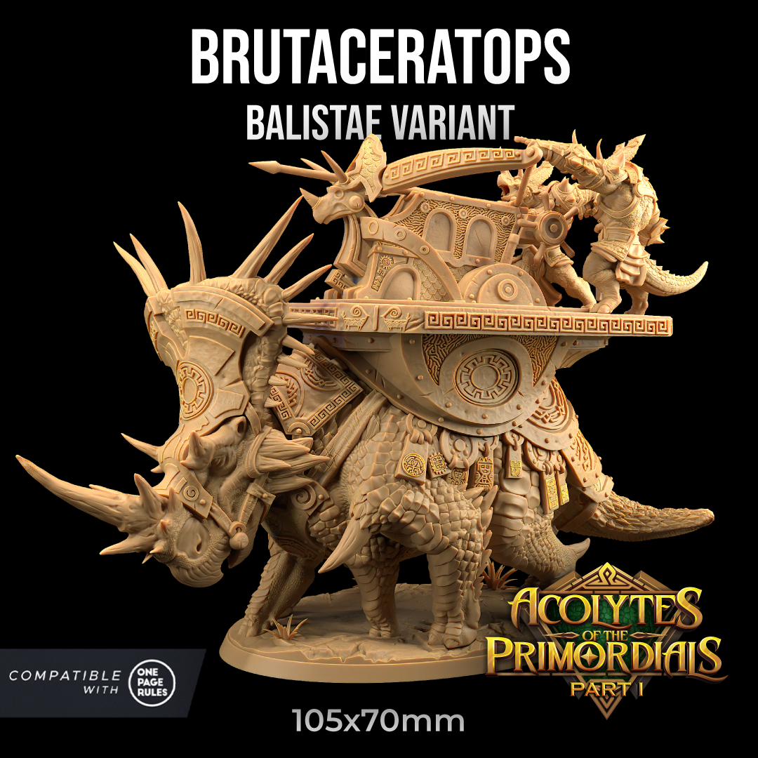 A detailed resin miniatures model titled "Brutaceratops - The Dragon Trappers Lodge - 3d Print" from "Acolytes of the Primordials Part 1." The Brutaceratops model features a fantastical dinosaur with armor and weaponry, including a ballista mounted on its back. Perfect for wargames and compatible with One Page Rules. Dimensions: 105x70mm.
