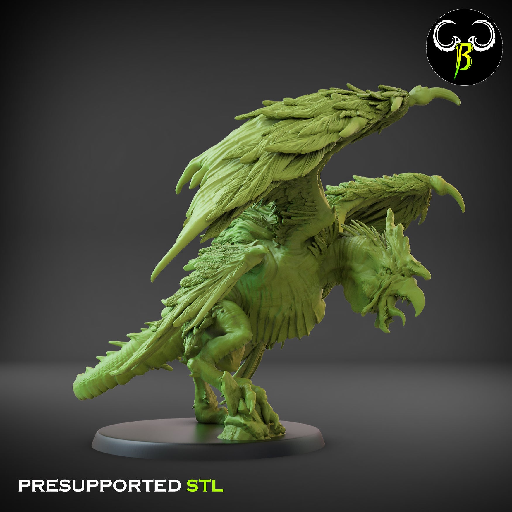 A detailed green 3D model of a fantasy creature with dragon-like features, including wings, a fierce beak, and clawed feet. Perfect for Dungeons and Dragons, the 3D printed miniature stands on a circular base against a dark background. Text reads: "PRESUPPORTED STL" and a logo appears in the top right corner. Chaos Catrice - Clay Beast Creations - 3d Print