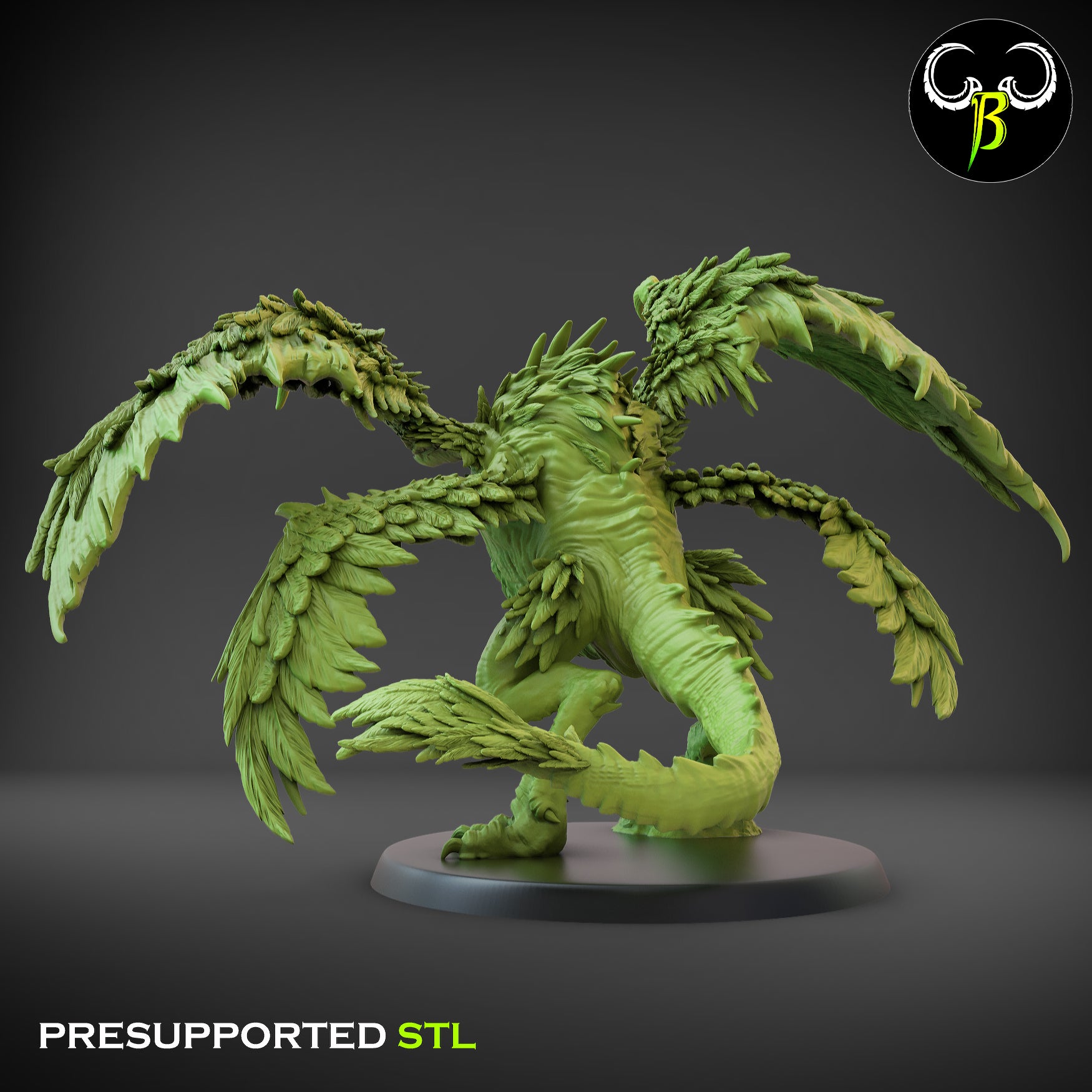 A digital 3D model of a mythical creature with large, feathered wings and a muscular, scaled body stands on a circular base. Perfect for Dungeons and Dragons, this green 3d printed miniature features intricate detailing. Text in the image reads "PRESUPPORTED STL," with a stylized logo featuring a 'B' in the top right. Introducing the Chaos Catrice - Clay Beast Creations - 3d Print.